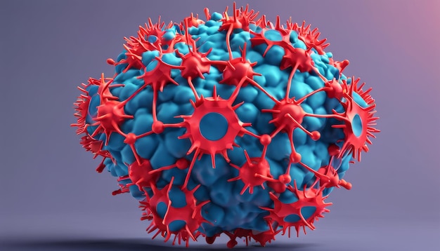 写真 赤いスパイクと青いコアを持つウイルスのような構造の3dレンダリング