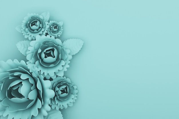 사진 꽃 장식과 추상 파란색 배경의 3d 렌더링