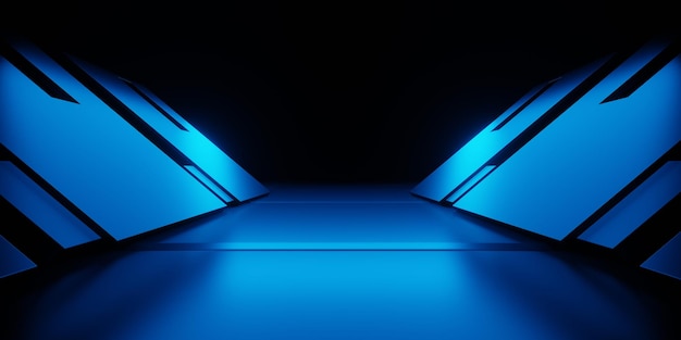 写真 青いネオン輝く宇宙船廊下廊下背景 sci fi の図の 3 d レンダリング