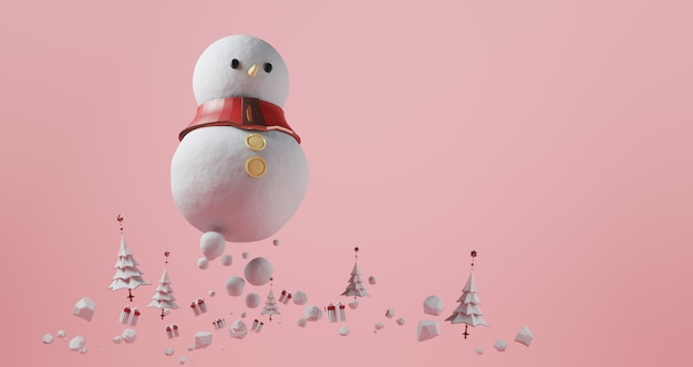 写真 クリスマスの3 dレンダリング。ピンクの背景に浮かぶ巨大な雪だるま。クリスマスツリーとギフトボックス、抽象的な最小限の概念、豪華なミニマリストに囲まれて