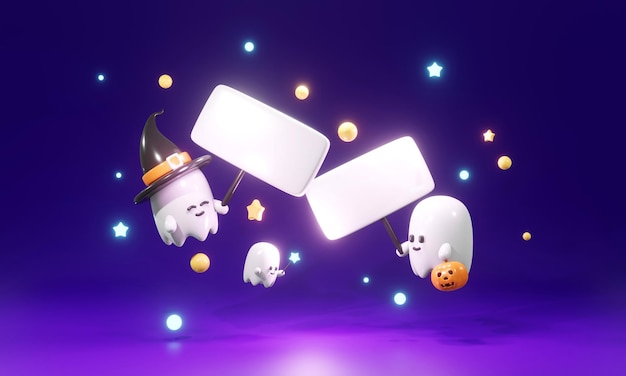 Фото 3d-рендеринг милого маленького призрака с пустой вывеской на фоне хэллоуина для коммерческого рекламного дизайна 3d-рендеринга в мультяшном стиле