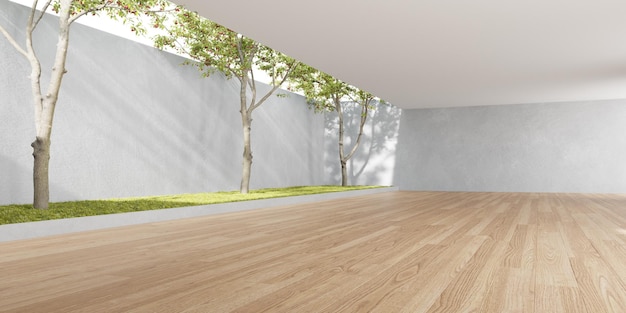 木の床とコンクリートの壁を持つ空の部屋の 3 d レンダリング