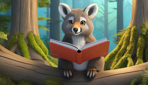 사진 숲의 동물 읽기 책의 3d 렌더링