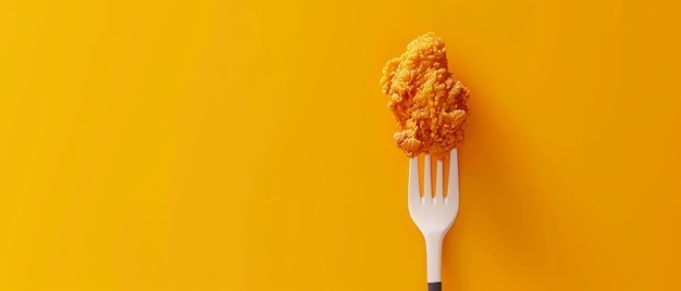 Фото 3d-рендеринг жареной курицы с пластиковой вилкой на желтом фоне концепция быстрого питания в минимальном стиле