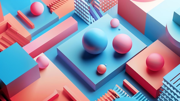写真 幾何学的形状の3dレンダリング ピンクと青の球体が 異なる高さの青とピンクのブロックのグリッドに配置されています