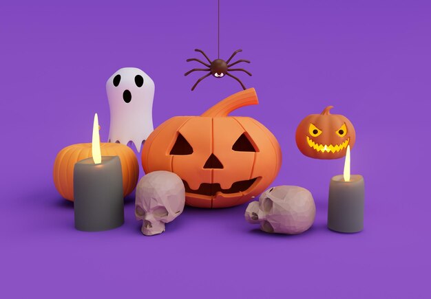 Фото 3d-рендеринг тыквы на хэллоуин с светящимся белым призраком внутри минимального фона на хэллоуин