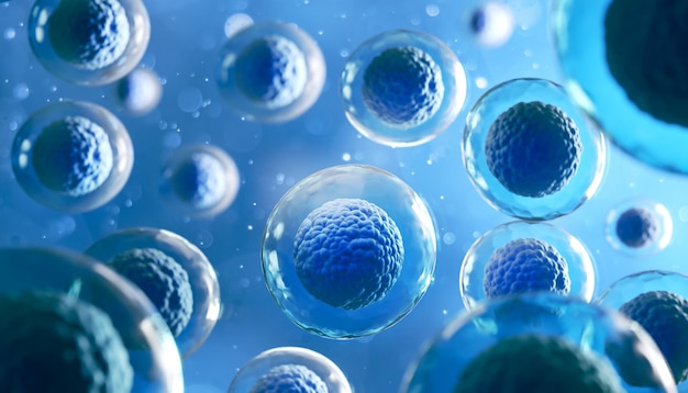 사진 인간 세포 또는 배아 줄기 세포 현미경 배경의 3d 렌더링.