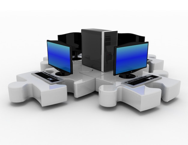 Фото 3d-рендеринг ноутбука и сервера, соединяющихся в головоломки