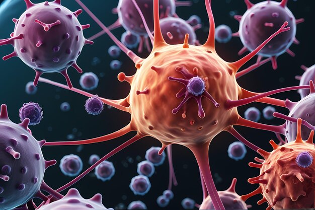 写真 科学デーの背景で ⁇ 微小な人体と癌細胞の3dレンダリング