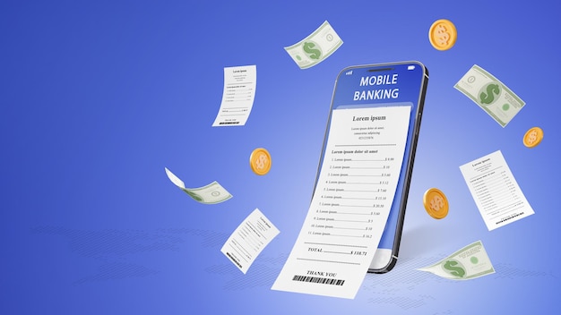 Фото 3d-рендеринг онлайн-платежей мобильного телефона, оплата счетов-фактур онлайн-транзакциями.