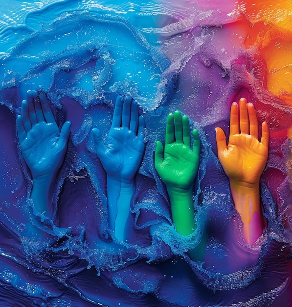 写真 3d レンダリングの多色の人間の手を水の中に 抽象的な背景