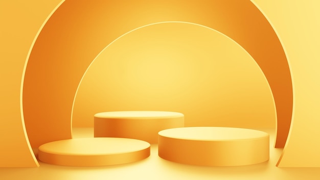 写真 オレンジ黄色の表彰台の 3 d レンダリング抽象的な幾何学的な背景広告のための最小限のシーン