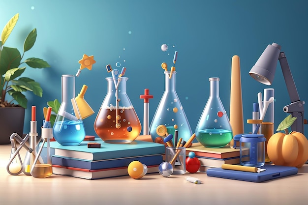 Фото 3d-рендеринг набора предметов научной лаборатории обратно в школу милый элемент на фоне 3d-рендер иллюстрации в стиле мультфильма