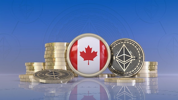 写真 カナダの旗が付いたバッジを囲むいくつかのイーサリアムコインの3dレンダリング