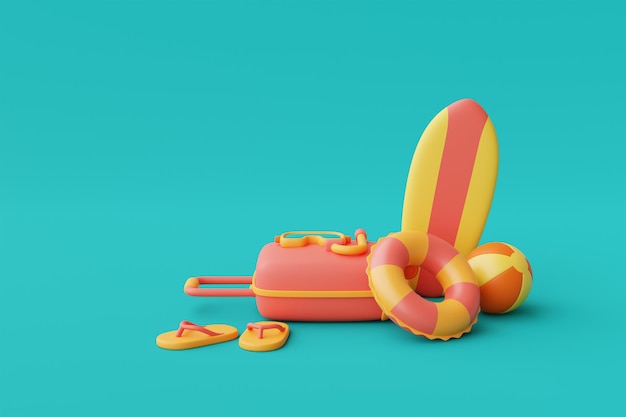 사진 가방 및 colorfull 여름 요소와 여름 휴가 개념의 3d 렌더링최소한 스타일3d renderxa