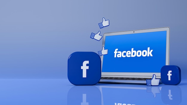 Фото 3d-рендеринг двух квадратных значков facebook перед ноутбуком