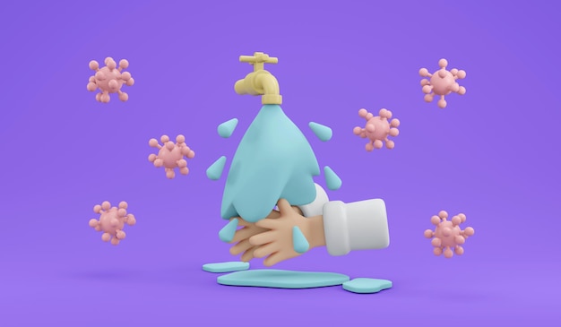Фото 3d-рендеринг мытья рук водой с вирусом вокруг изолированной на заднем плане концепции гигиены и здоровья 3d-рендеринг иллюстрации минимальный мультяшный стиль