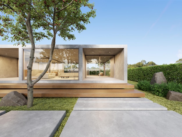 芝生の庭と白い豪華なコンクリートの家の3dレンダリングモダンな建築デザイン