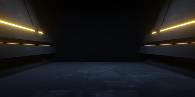 Фото 3d-рендеринг желтого неона, светящегося коридора космического корабля, фонового коридора scifi дисплей продукта