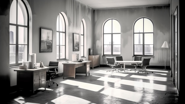 3D rendering of an office interior with a view of the city