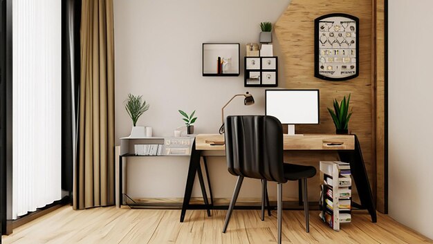 3d rendering office room decorations with laptop