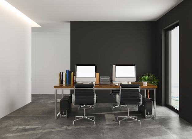 사무용 가구가 있는 사무실 공간의 3D 렌더링. 흰색과 콘크리트 벽과 콘크리트 바닥.