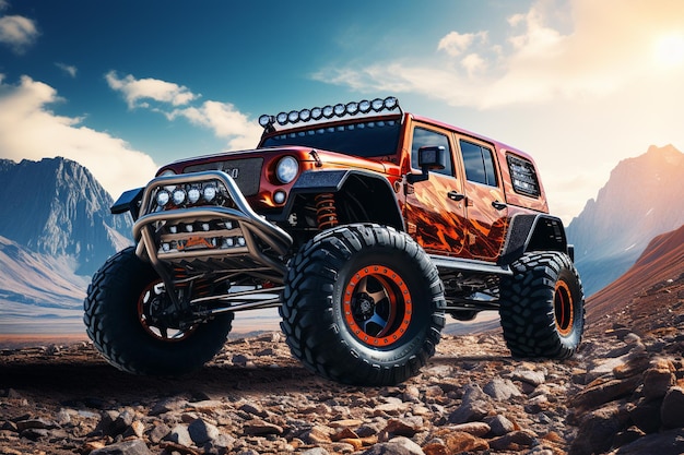 3d rendering of offroad vehicle in the mountains at sunset