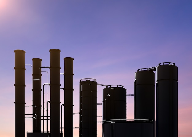 Photo 3d rendering oil refinery plant with twilight sky background