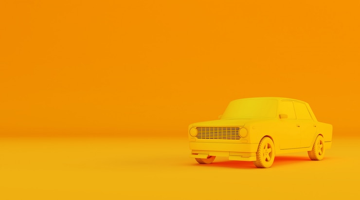 Фотография 3d-рендеринг старого автомобиля на цветной поверхности