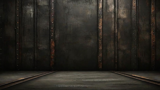 Photo 3d rendering old grunge dark room with a rusty metal wall