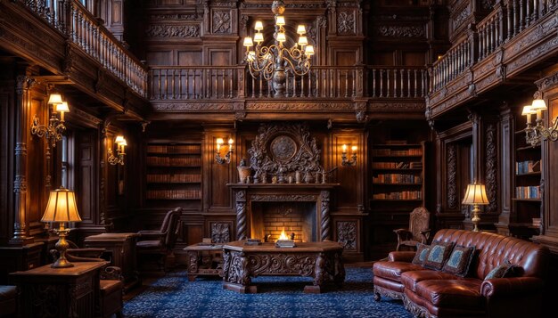 Photo 3d rendering of an old library with a fireplace and a sofa