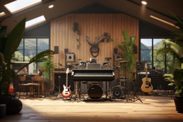 3D rendering of an old piano and a guitar in a room Ai Generated