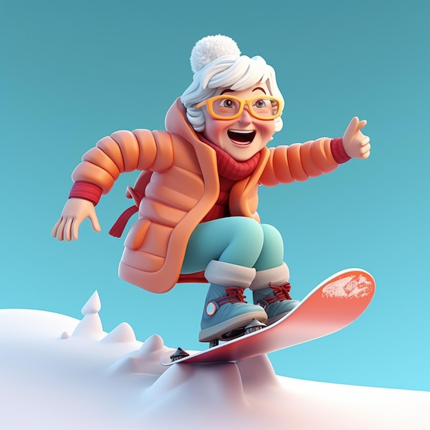 3d rendering old woman practice snowboarding