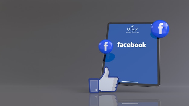 3D-рендеринг одного значка facebook LIKE и таблеток с логотипом перед iPad, на котором отображается логотип приложения facebook.
