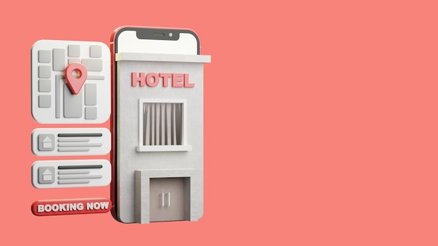 Foto 3d rendering prenotazione online hotel su smartphone illustrazione mobile