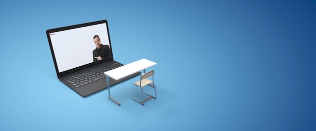 3D rendering online learning illustration with laptop and desk on blue background