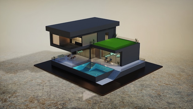 3D-rendering ontwerp moderne buitenkant van huis model illustratie met zwembad