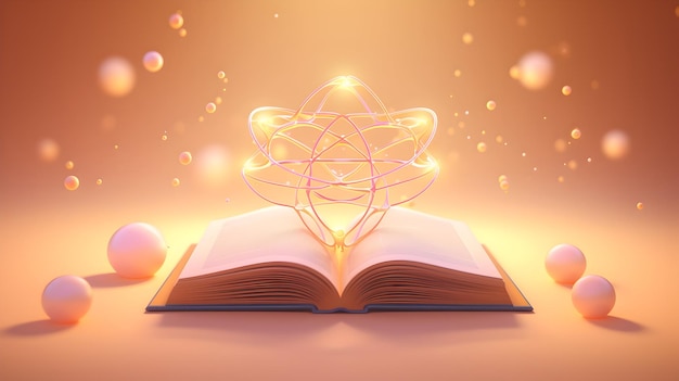 A 3D rendering of an open book with atom symbols floating above the pages