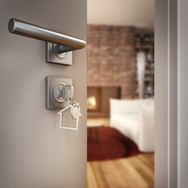 3D-рендеринг Открытая дверь с ключом в гостиной дома