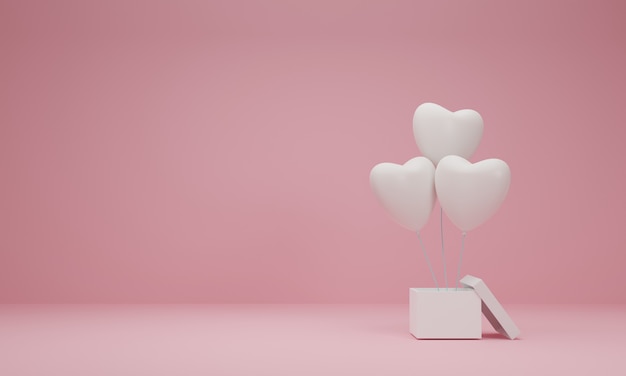 3d rendering. Open gift box with balloon heart on pastel pink background. Minimal concept.