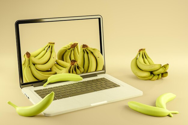 Foto rendering 3d di un laptop aperto con banane posizionate sullo schermo e sulla superficie