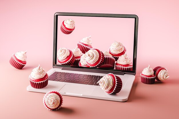 Foto computer portatile aperto con rendering 3d con cupcake sullo schermo e superficie rosa