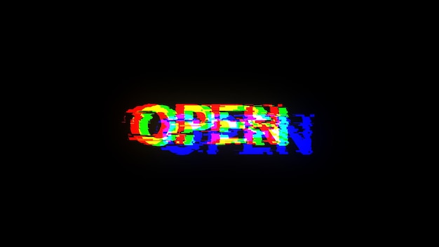 3D rendering open text with screen effects of technological glitches