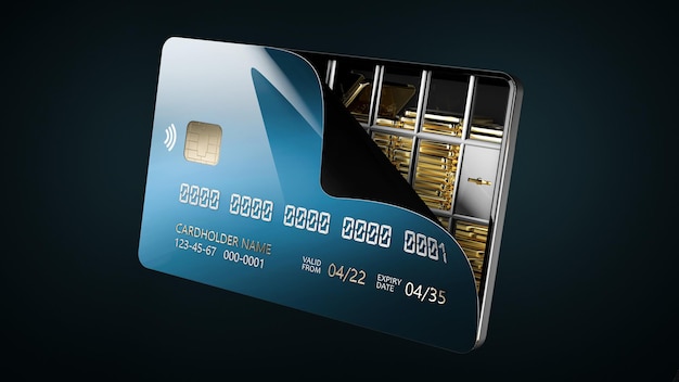 Photo 3d rendering of opened credit card with gold bars card protection concept clipping path included