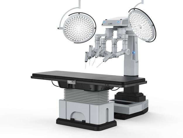 3D-rendering operatiekamer met robotchirurgie machine op witte achtergrond