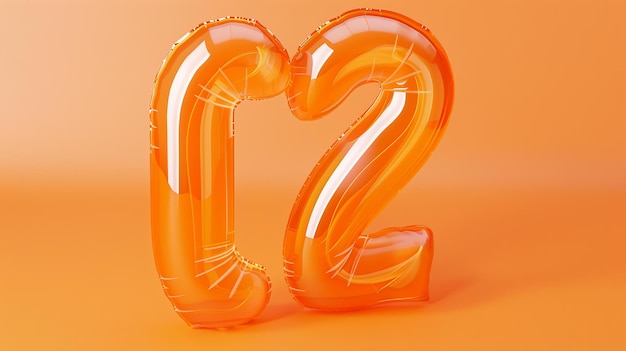 A 3D rendering of an orange balloon shaped like the number twelve on an orange background