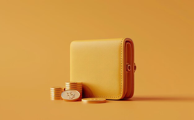 Photo 3d rendering of an orange cartoon leather wallet with golden coins inside