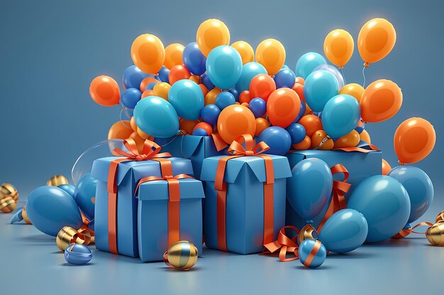 3d rendering of orange gift boxes and blue balloons minimal concept