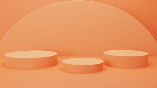 3D rendering Orange podium with 3 podium with round shape on the background