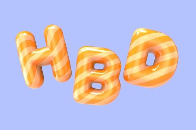 3d rendering orange striped HBD foil balloon phrase on purple background